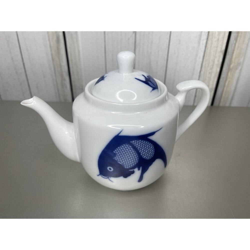 Vintage Misty Rose Koi Fish Teapot Super White China Cobalt Blue